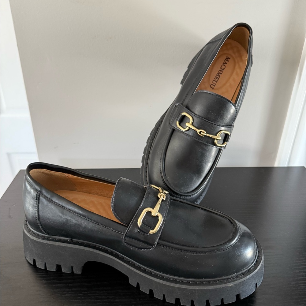 Black Leather Loafers with Gold Buckle